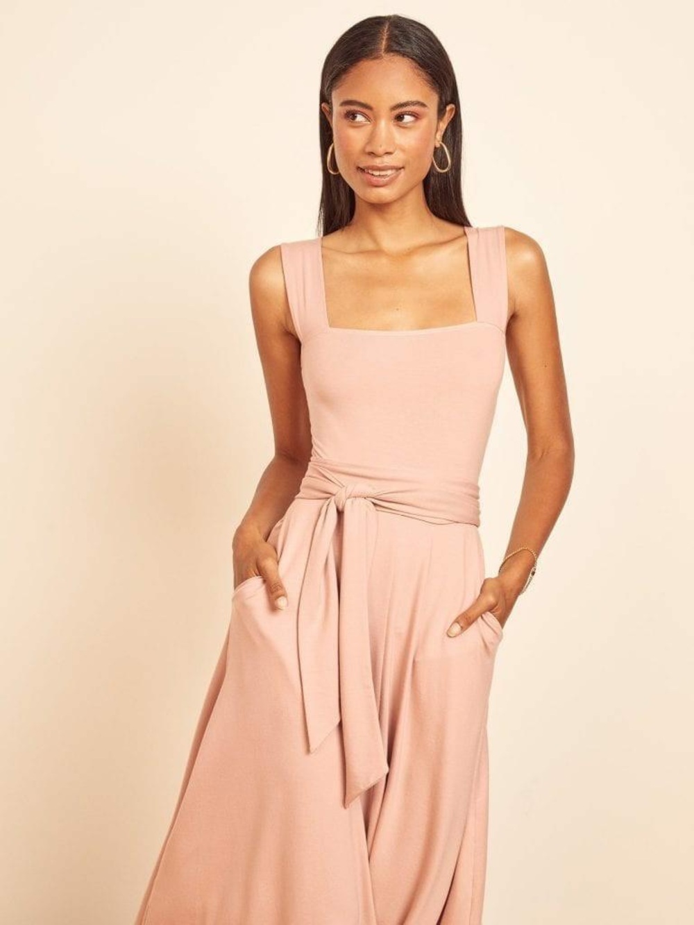 Reformation Helina Blush Pink Midi Dress with Tie Waist